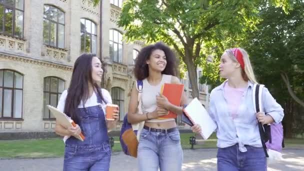 女友達 または学生 が大学の近くを歩く — ストック動画