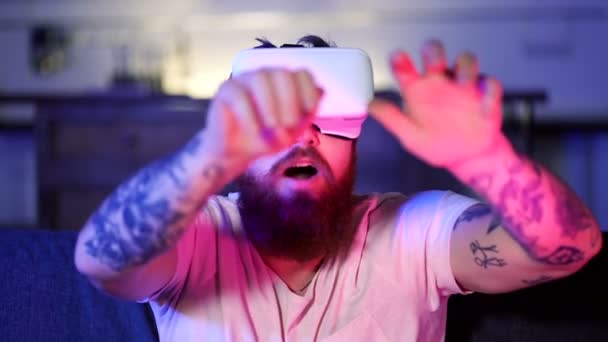 Happy Bearded Man Playing Game Headset Catching Something Hands — Stockvideo