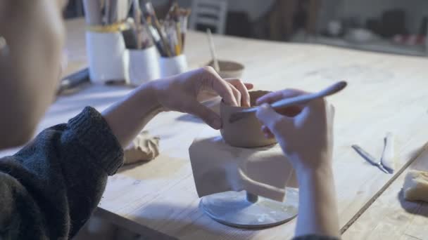 Imágenes Cerca Una Joven Mujer Creando Una Taza Cerámica Arcilla — Vídeos de Stock