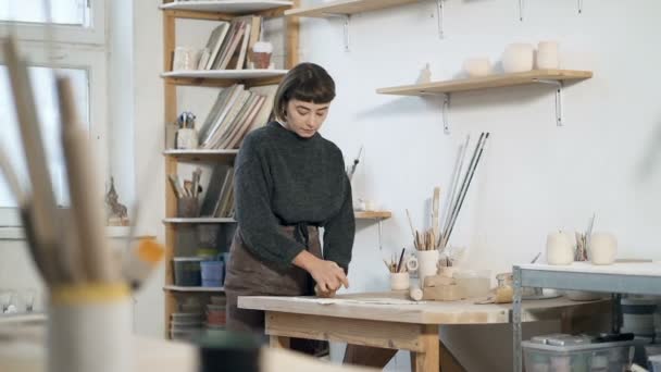 Giovane Artista Donna Mescolando Pezzo Argilla Sul Tavolo Lavoro Nel — Video Stock