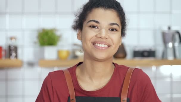 Portrait Happy Smiling Friendly Waitress Standing Counter Looking Camera Handheld — Stock Video