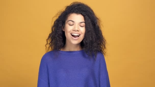 Close Portrait Excited Afro American Woman Yellow Background — Stock Video
