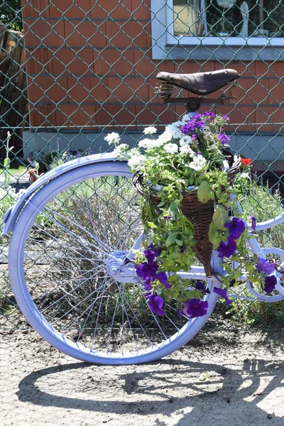 Bicycle with a basket of flowers standing by the fence