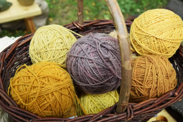 Hasır sepetinde otlar ile boyalı renkli yün