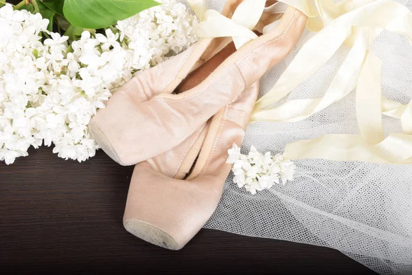 Old classic dance shoes and lilac flowers