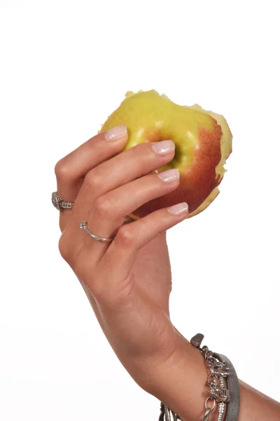 Zöld a kezét megharapta a lédús alma — Stock Fotó