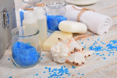 Deniz kabuğu ile gri sabun ve bir mini bir ferahlatıcı banyo tuzu 