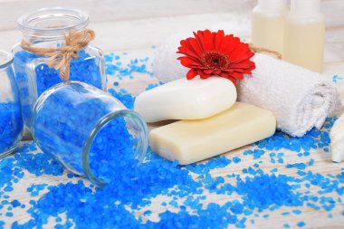 Kırmızı gerber çiçek ile deniz tuzu banyo ve mini şampuan için mavi bir