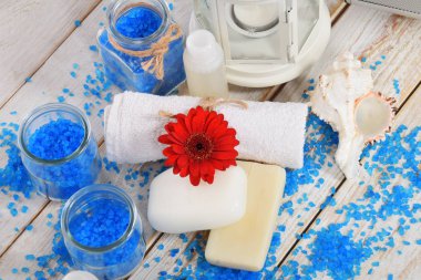 Kırmızı gerber çiçek ile deniz tuzu banyo ve mini şampuan için mavi bir