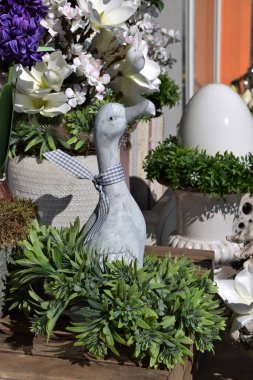 çiçekler, Paskalya dekorasyon yanındaki gri ördek