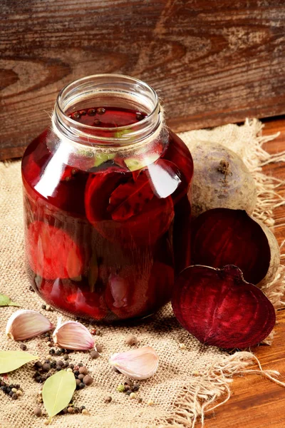 Pieces Garlic Beets Spices Next Jar Pickled Beets Jar — Stock Photo, Image