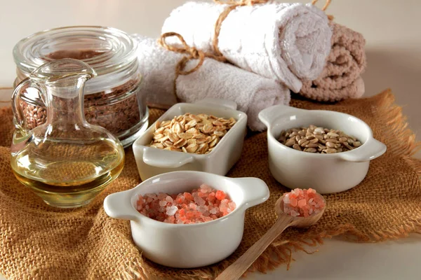 Homemade Body Care Ingredients Sunflower Seeds Himalayan Salt Linseed Oatmeal — Stock Photo, Image