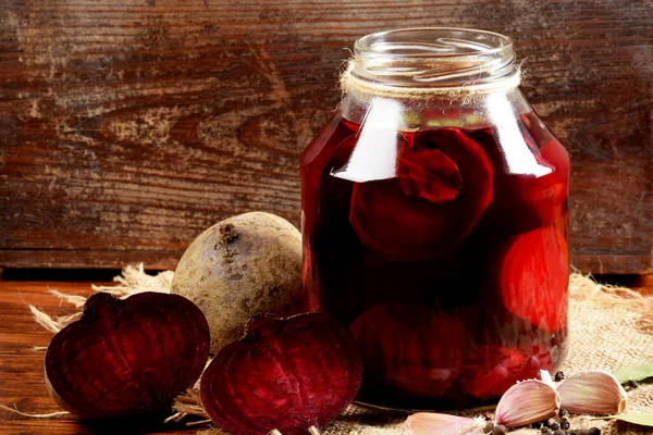 Pieces Garlic Beets Spices Next Jar Pickled Beets Jar — Stock Photo, Image