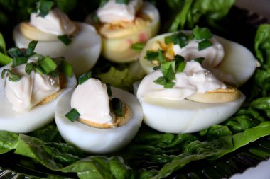 Haşlanmış yumurta, marul yaprakları, mayonez ve soğan.