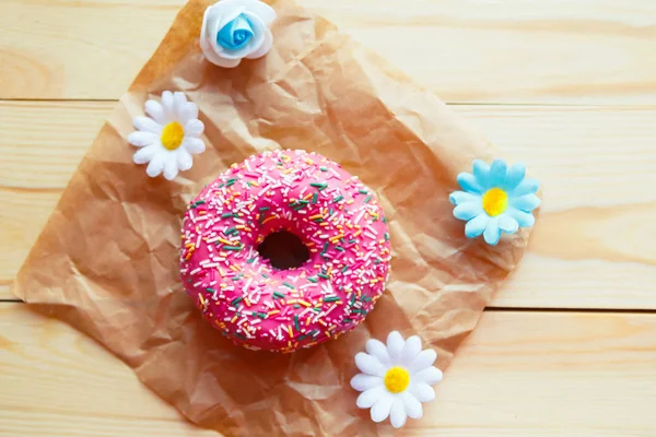 Pink Donut Wooden Background Top View — Stock Photo, Image