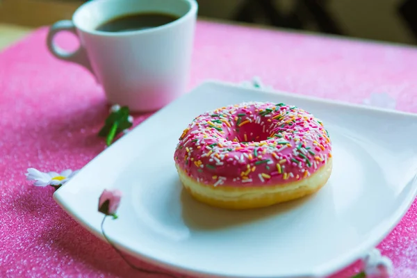 Strawberry Donut Coffee Cup Table — Stock Photo, Image
