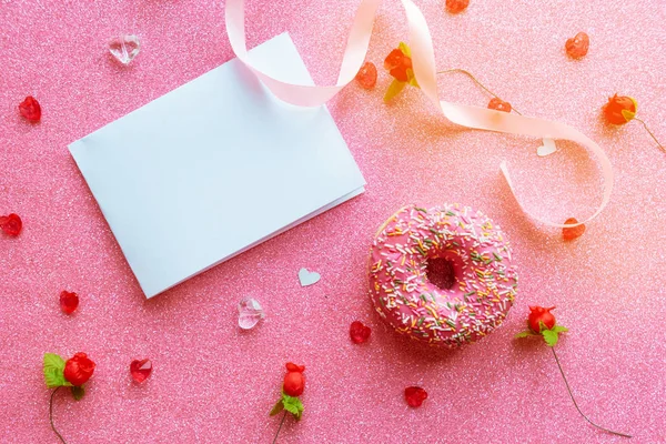 White Mockup Blank Donut Glitter Pink Background Valentine Day Greeting — Stock Photo, Image