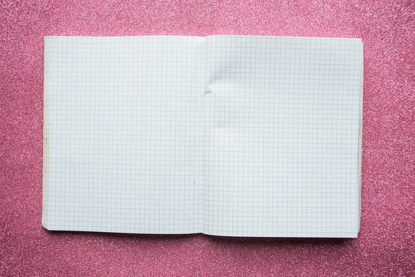 Abra Caderno Sobre Fundo Brilho Rosa Flat Lay Espaço Cópia — Fotografia de Stock
