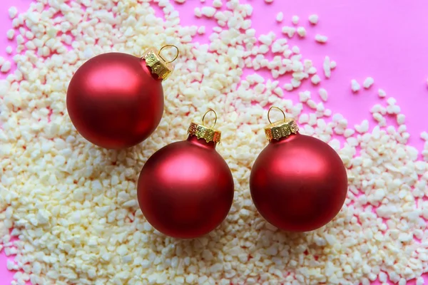 Three Red Balls Snow Background Merry Christmas Happy New Year — Stock Photo, Image