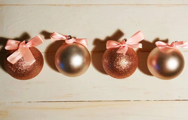 Christmas Balls Bows Wooden Background — Stock Photo, Image