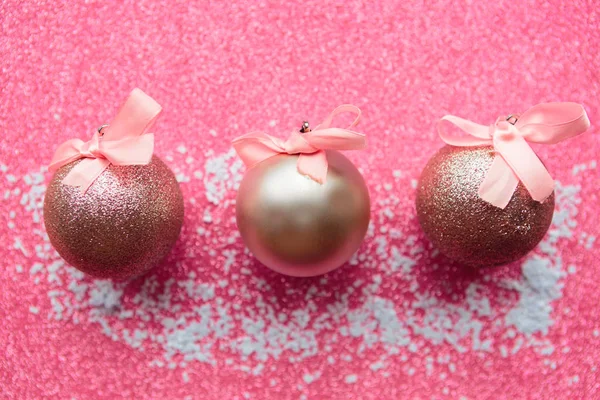 Christmas Balls Pink Glitter Background Xmas Greeting Card Banner — Stock Photo, Image