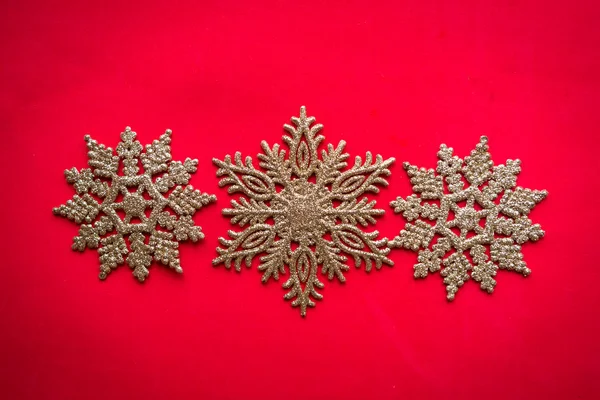 Three Silver Snowflakes Bright Red Background — Stock Photo, Image