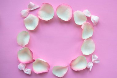Pastel pembe arka planda beyaz gül yaprakları çerçevesi. Sevgililer Günü ya da düğün konsepti. Güzel tebrik kartı.