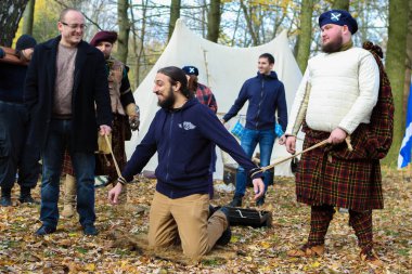 Minsk/ Belarus - october 31 2018: men in national Scottish costumes show a historical scene