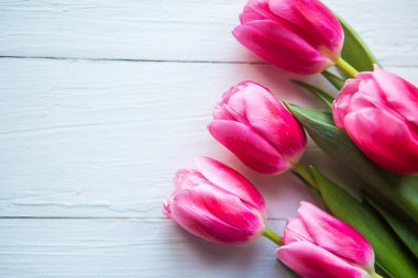 Ahşap arka planda pembe laleler. Düz konum, üst görünüm, kopyalama alanı. Paskalya mı Anneler Günü mü karşılama arabası mı?