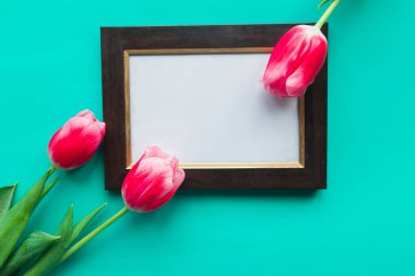 Parlak yeşil arkaplanda kırmızı laleler ve model fotoğraf çerçevesi