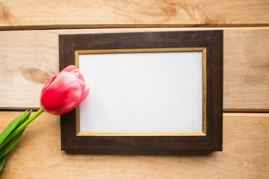 Ahşap zemin üzerinde kırmızı ve beyaz laleler ve fotoğraf çerçevesi