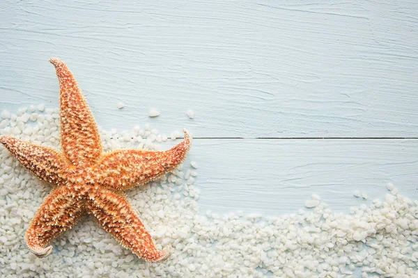 Starfish Areia Fundo Madeira Azul Copie Espaço Para Texto Conceito — Fotografia de Stock