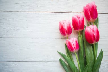 Ahşap arka planda pembe laleler. Düz konum, üst görünüm, kopyalama alanı. Paskalya ya da Anneler Günü tebrik kartı