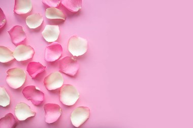 Pembe arka planda pembe ve beyaz gül yaprakları. 