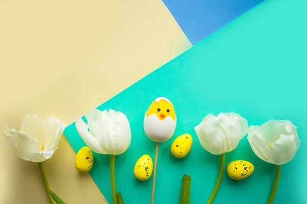 Easter composition - tulips, toy chicken  and quail eggs on geometric blue, yellow and green background, top view