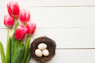 Yuvada bıldırcın yumurtaları ve laleler, üst manzara. Paskalya konsepti