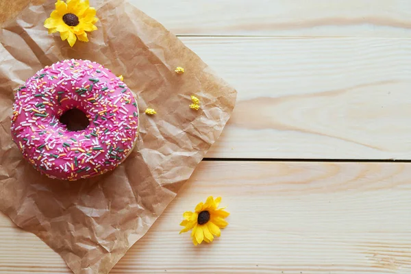 Sweet Glazed Donut Wooden Table Top View — Stock Photo, Image