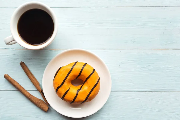 Coffee Cup Glazed Donut Plate Top View — Stock Photo, Image