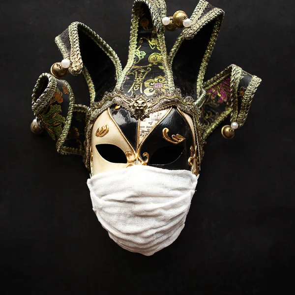 Venice Mask Medical Mask Black Background Covid19 Concept — Stock Photo, Image