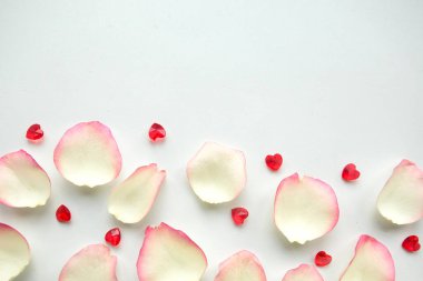 Beyaz arka planda beyaz gül yaprakları. Metin için alanı kopyala. Aşk konsepti