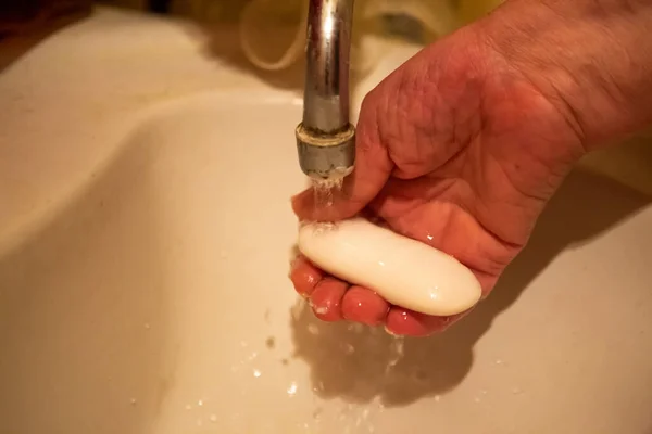 Vrouw Wast Haar Handen Met Zeep Uitzicht Van Boven — Stockfoto