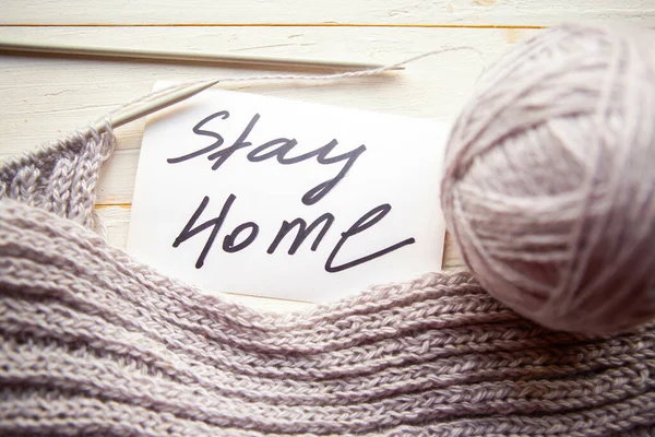 Ball Grey Thread Knitting Card Message Stary Home Wooden Background — Stock Photo, Image