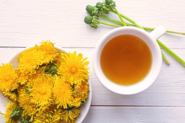 Karahindiba ile çay fincanı, üst manzara. Alternatif tıp konsepti. 