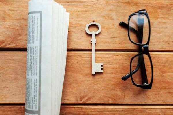 Flat Lay Photo Newspaper Glasses Key Wooden Background Stay Home — Stock Photo, Image