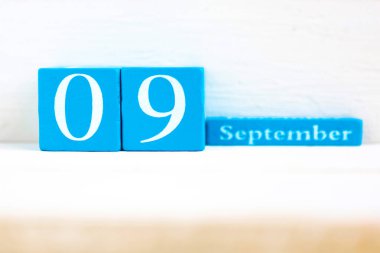 9 Eylül, ahşap arka plan. Tarih ay ve gün yazılı el yapımı ahşap küp takvimi