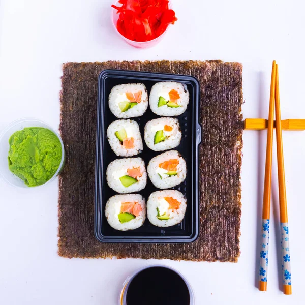 Sada Sushi Rolí Krabici Horní Pohled — Stock fotografie