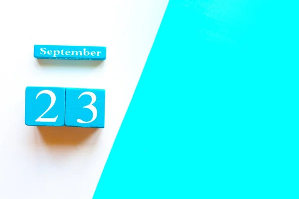 September Empty Blue White Geometric Background Wooden Handmade Calendar — Stock Photo, Image