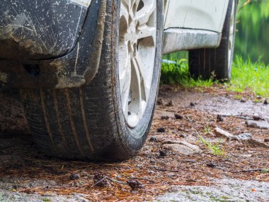 Ormanda off-road araba. göl yakınındaki ormanda doğada araba.