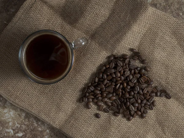 Dark Roasted Coffee Beans Burlap Mug Freshly Brewed Natural Coffee — Stock Photo, Image