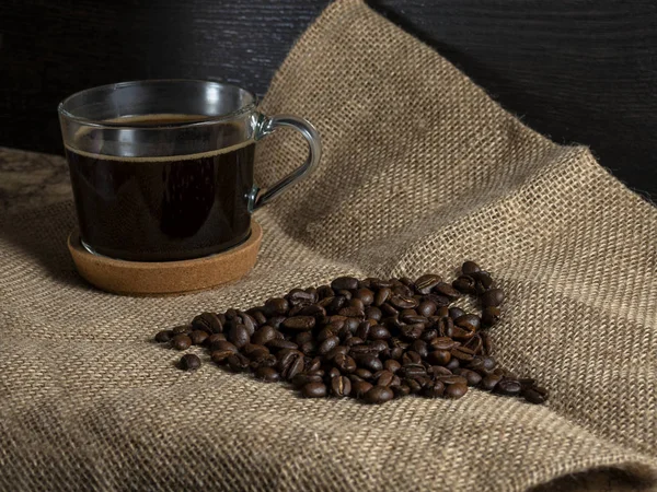 Dark Roasted Coffee Beans Burlap Mug Freshly Brewed Natural Coffee — Stock Photo, Image